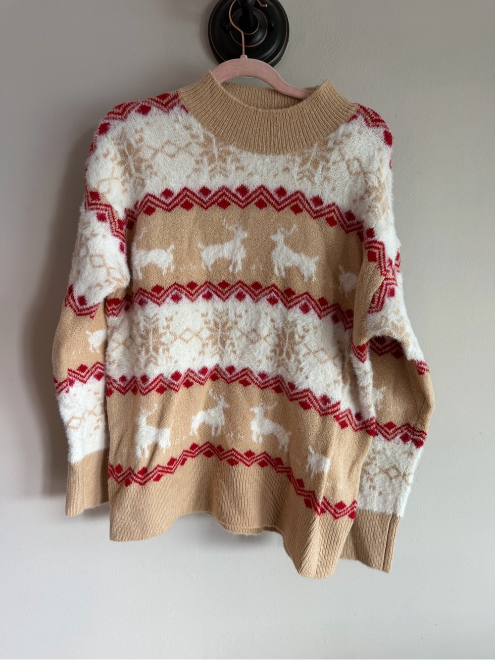 Cocobleu Reindeer Fair Isle Holiday Sweater Tan Red Cream Mock Neck Large